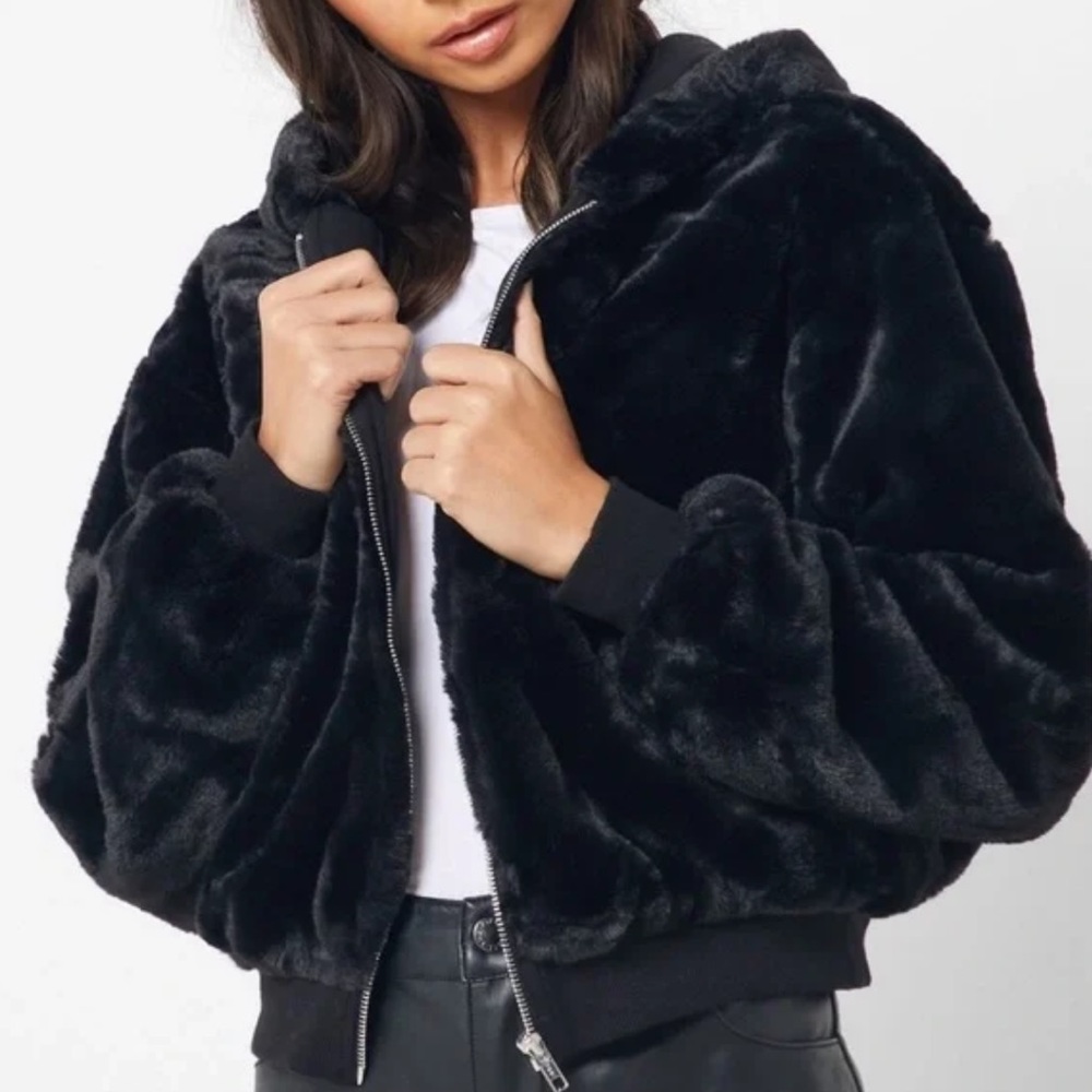 Topshop Black Faux Fur Teddy Bomber Jacket